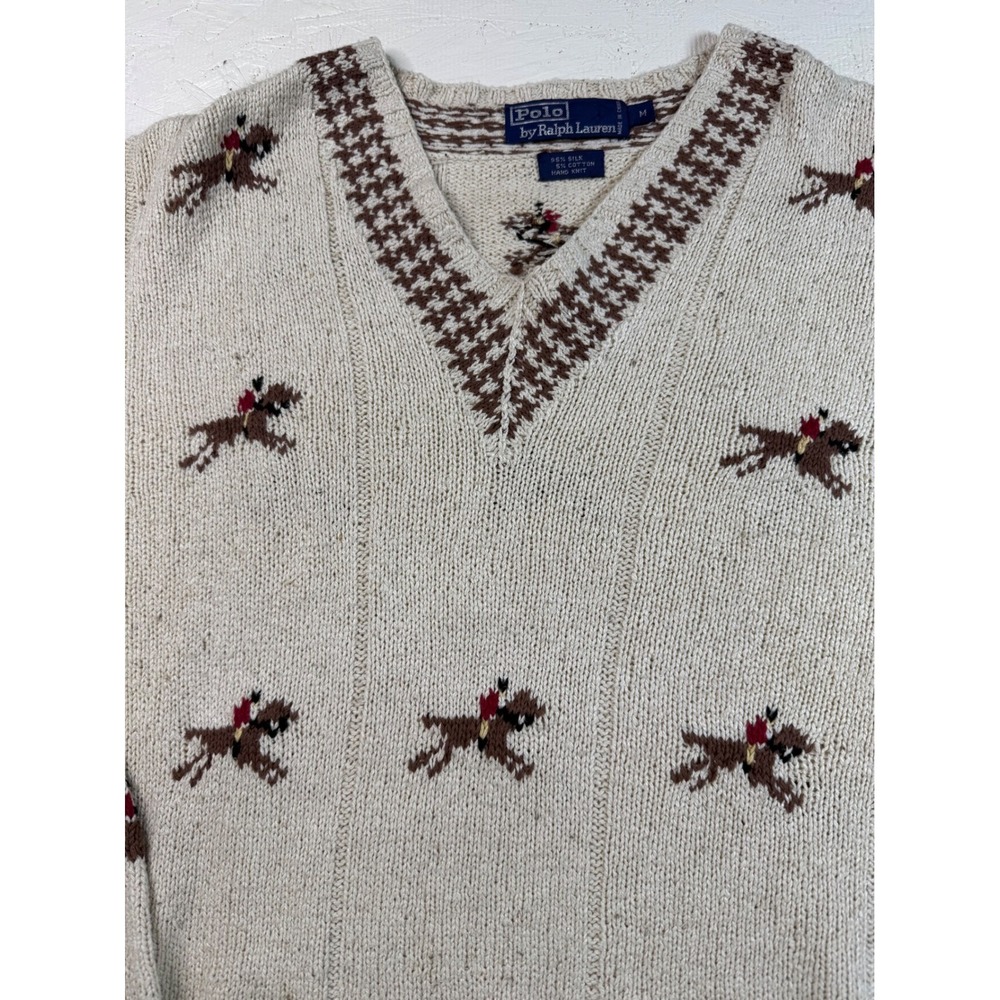 Rare VTG Polo Ralph Lauren Sz MHorses Jockey Hand Knit Beige V Neck Silk Cotton - Picture 3 of 8